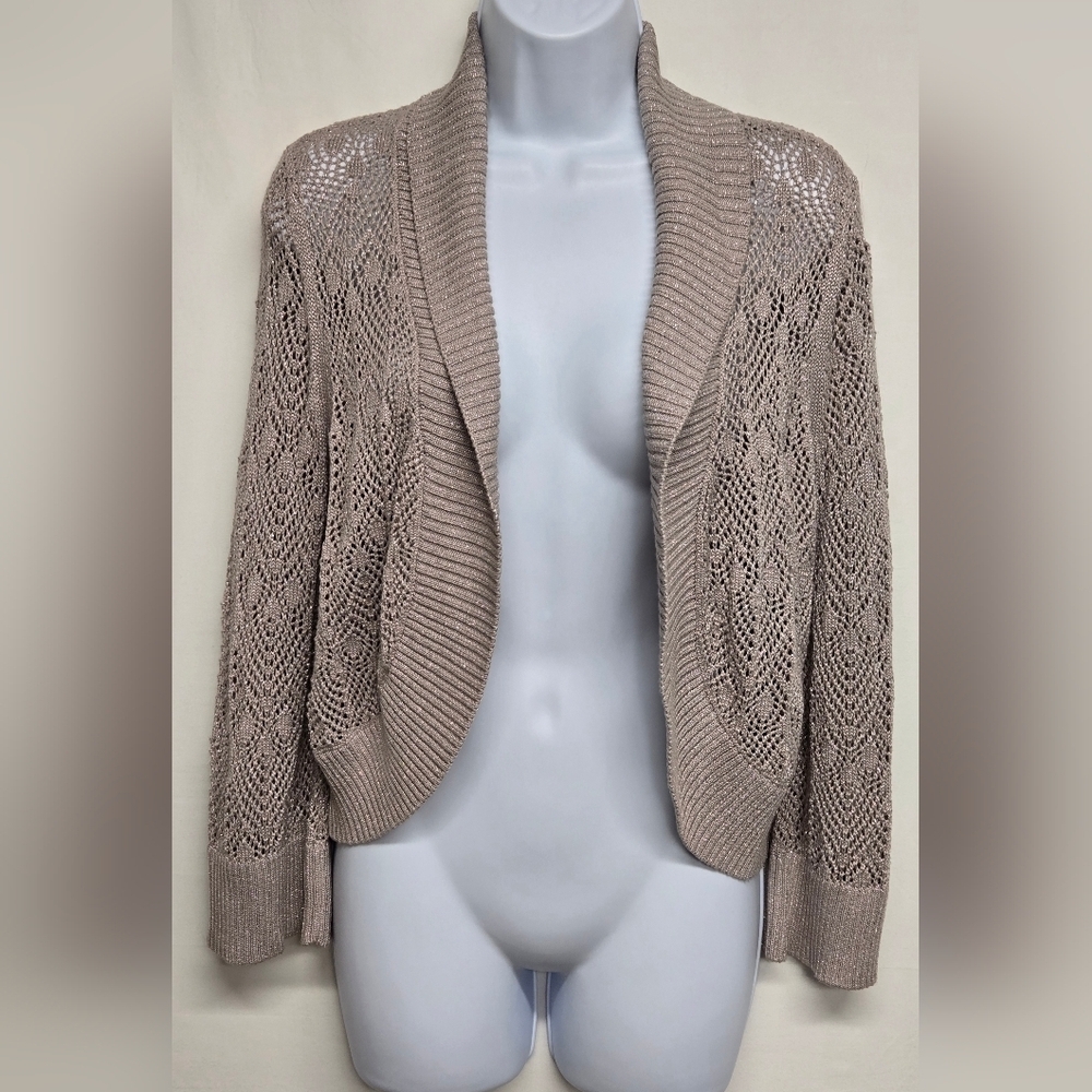 I.N.C. Shrug M Open Front Knit Collared Taupe Silver Sparkle Metallic